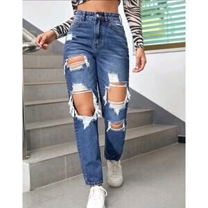 SHEIN EZwear High Waisted Straight Leg Ripped Jeans Size 4